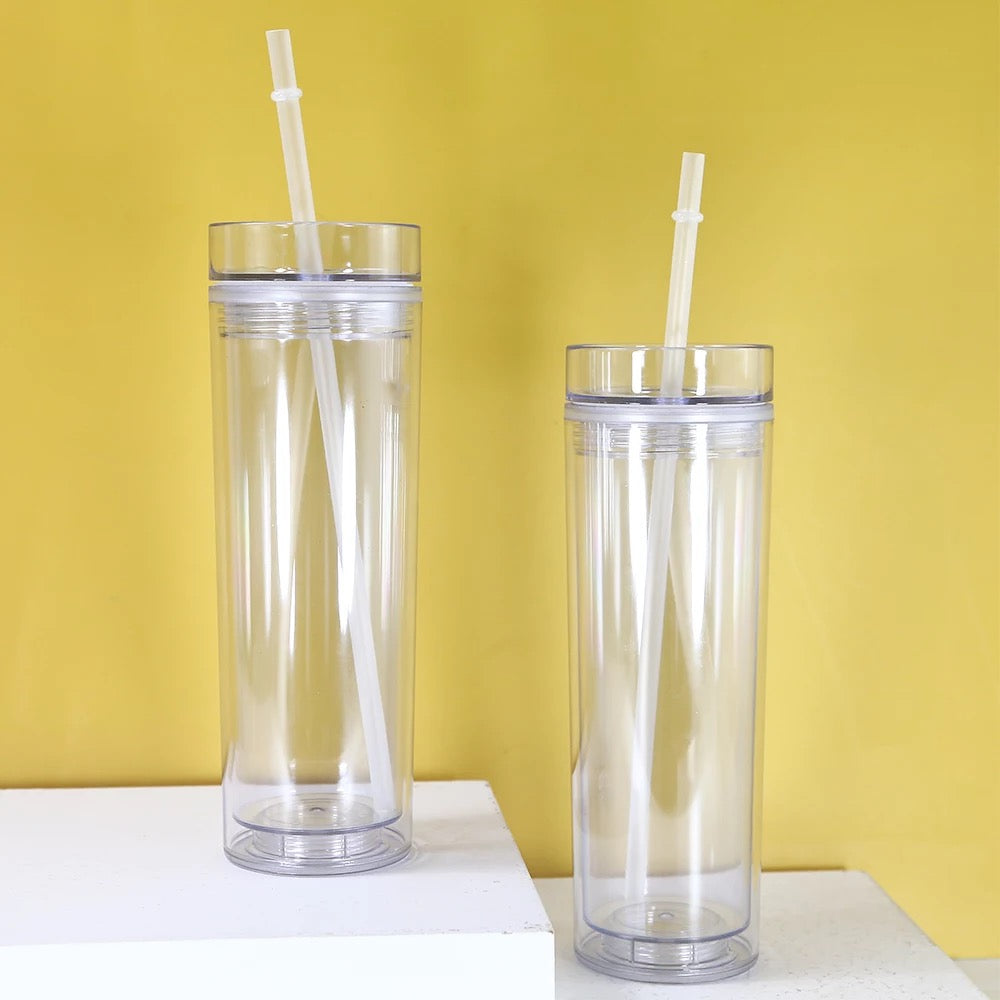 16oz Double Wall Skinny tumbler with lid and straw. Clear.