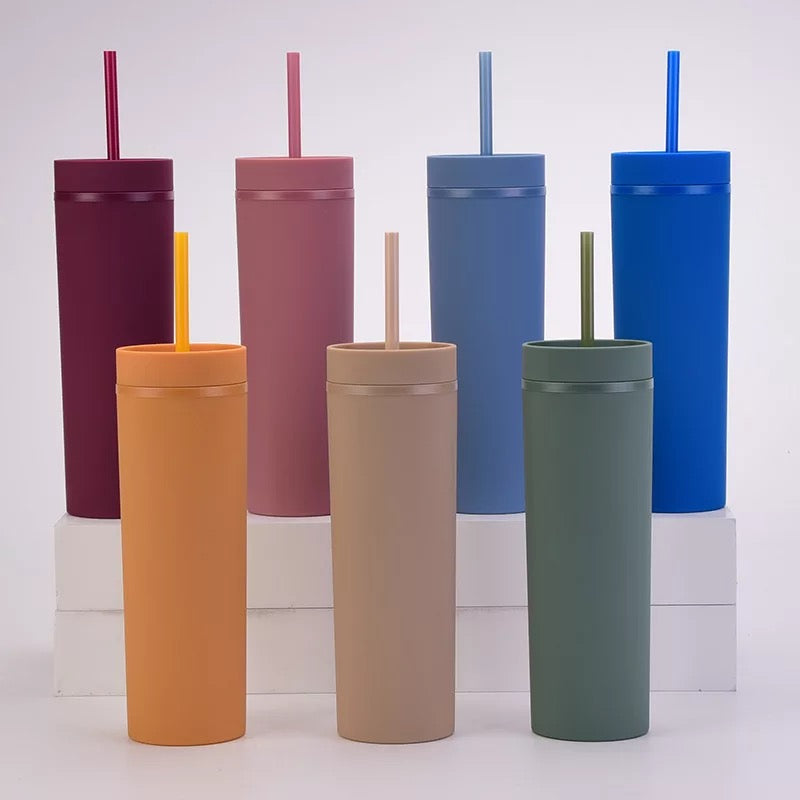 16oz Double wall Skinny Tumbler with lid and straw. Matte Finish.