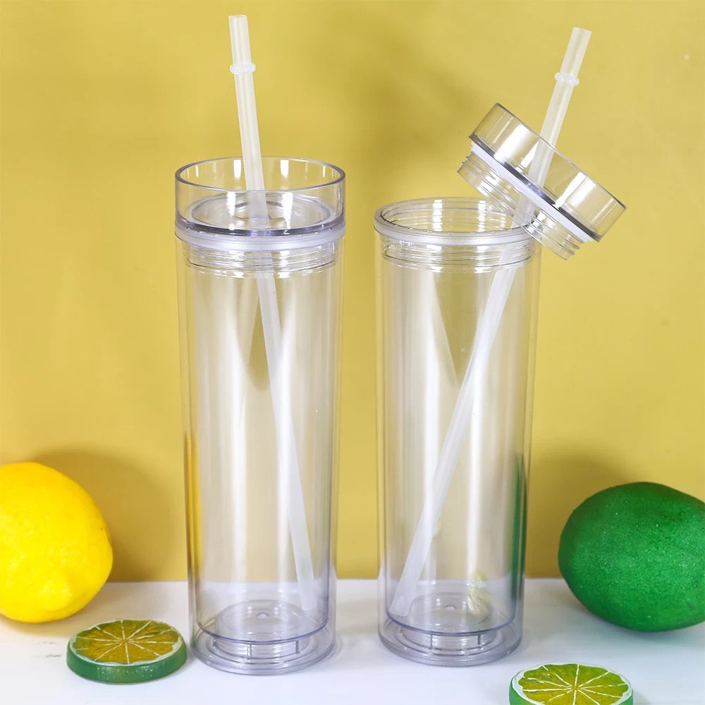 16oz Double Wall Skinny tumbler with lid and straw. Clear.
